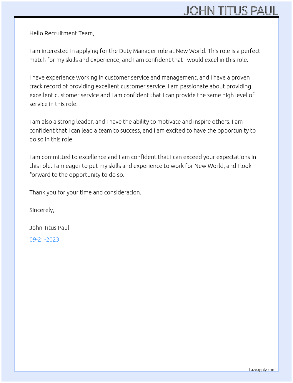 Duty Manager At New World Cover Letter