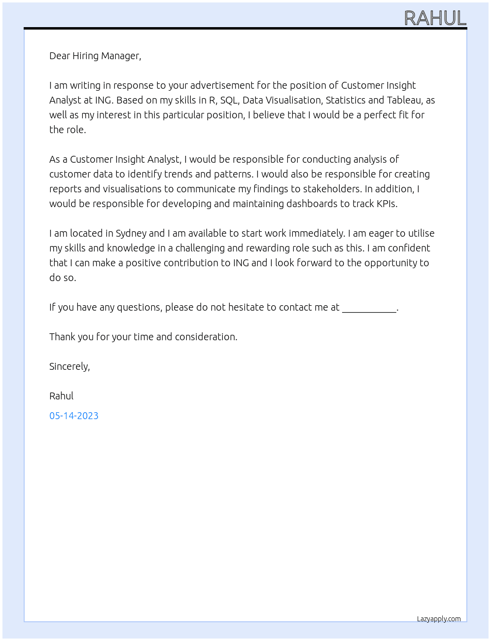 Customer Insight Analyst At ING Cover Letter