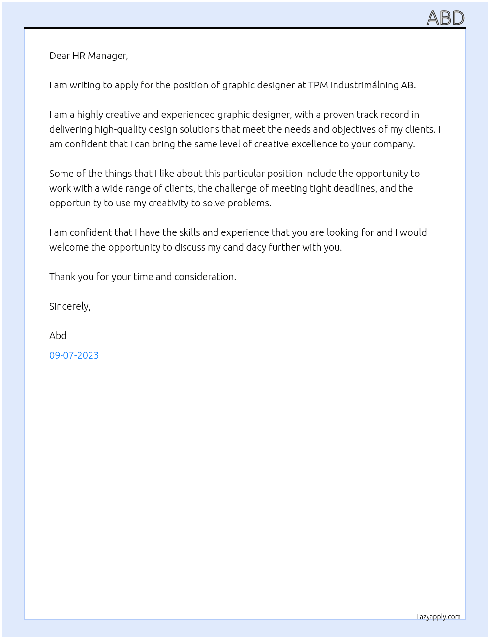 graphic designer At TPM Industrimålning AB Cover Letter