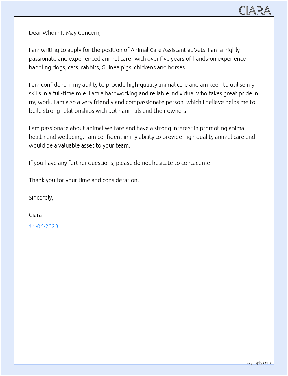 Animal care assistant  At Vets Cover Letter