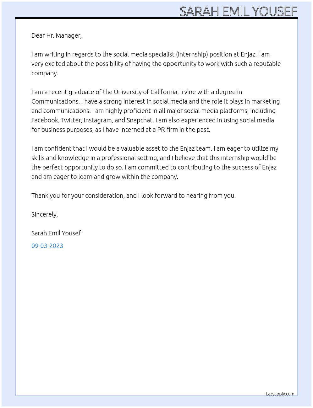 social media specialist (internship) At Enjaz Cover Letter