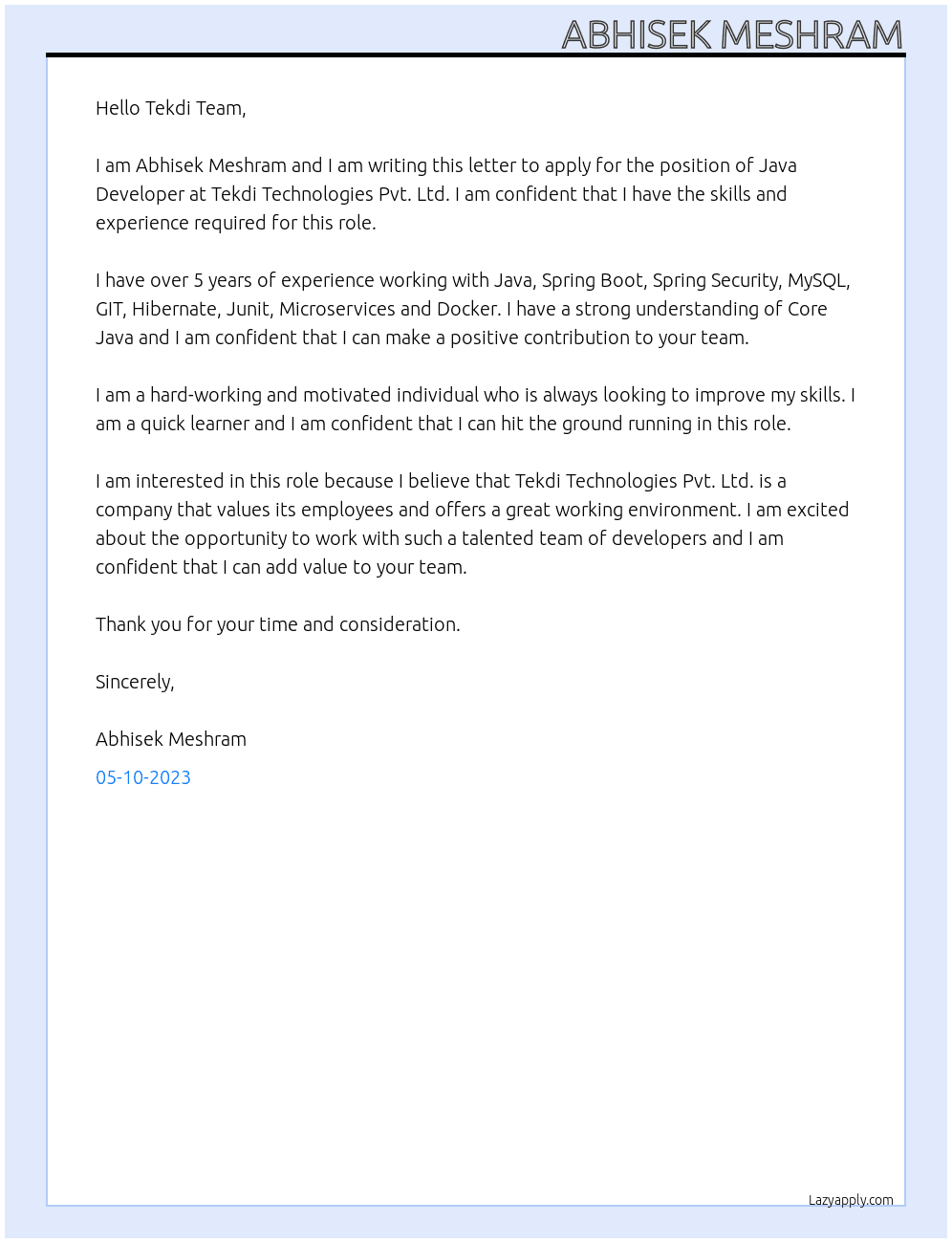 Java Developer At Tekdi Technologies Pvt. Ltd. Cover Letter
