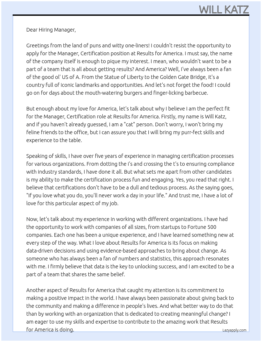 Manager, Certification At Results for America Cover Letter