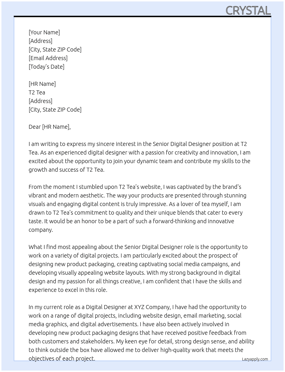 Senior Digital Designer At T2 Tea Cover Letter