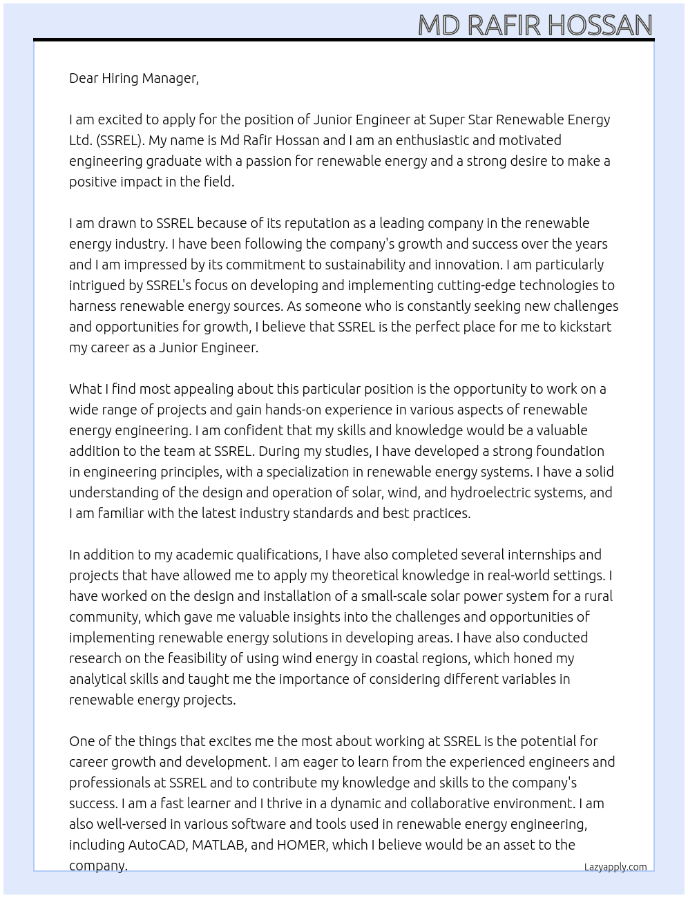 Junior Engineer At Super Star Renewable Energy Ltd. (SSREL) Cover Letter