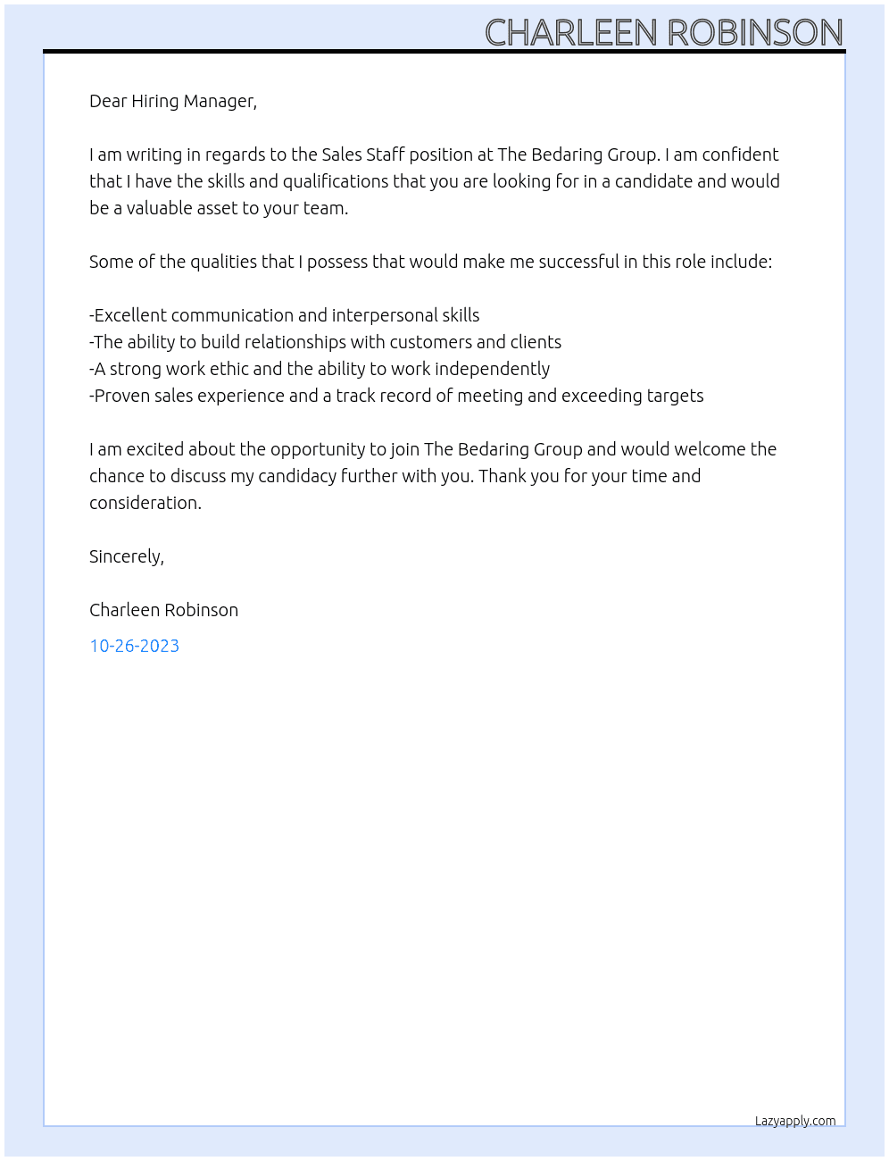 Sales staff  At The bedaring group  Cover Letter
