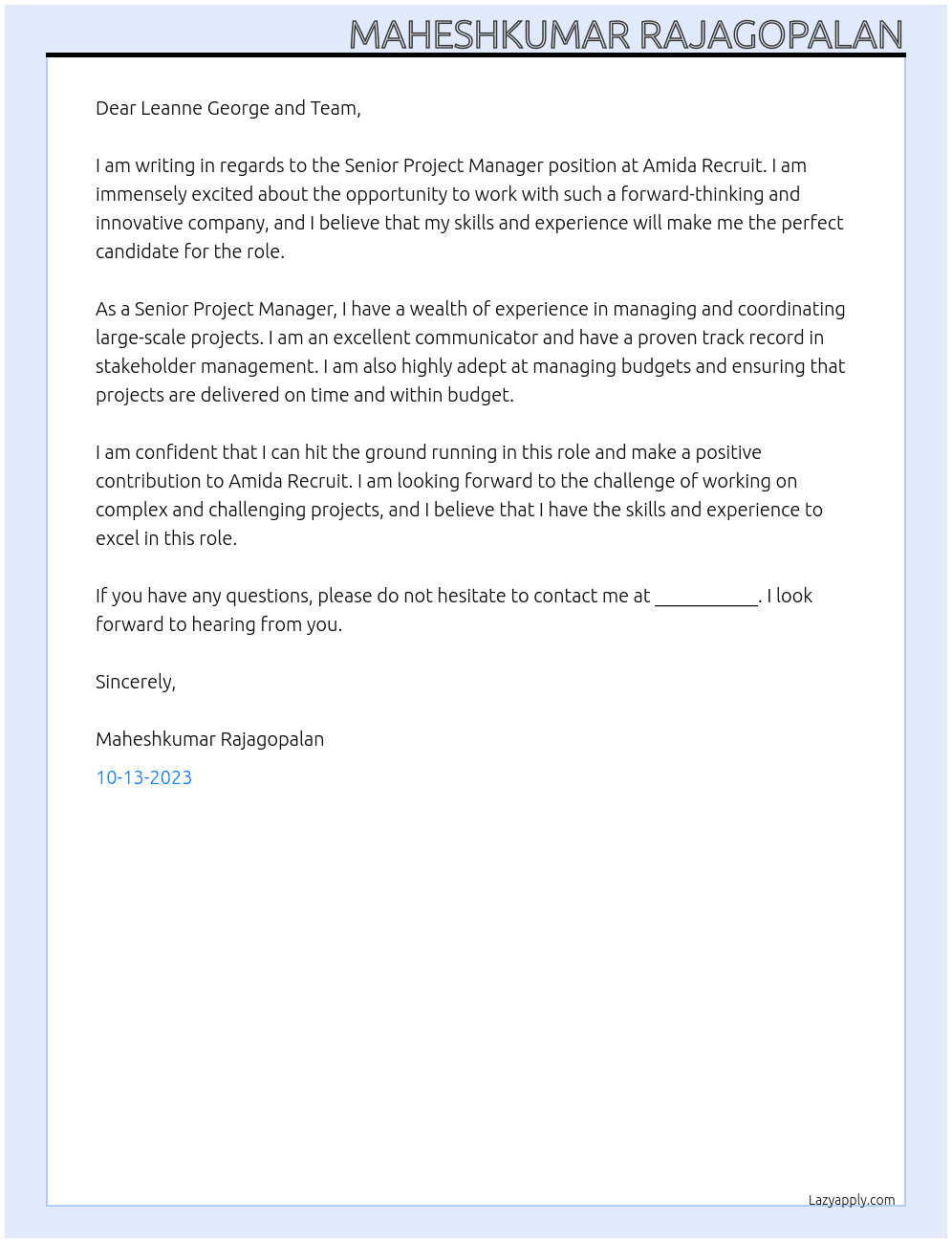 Senior Project Manager  At Amida Recruit Cover Letter