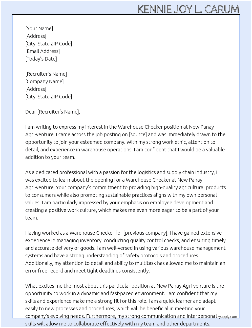 Warehouse Checker  At New Panay Agri-venture Cover Letter