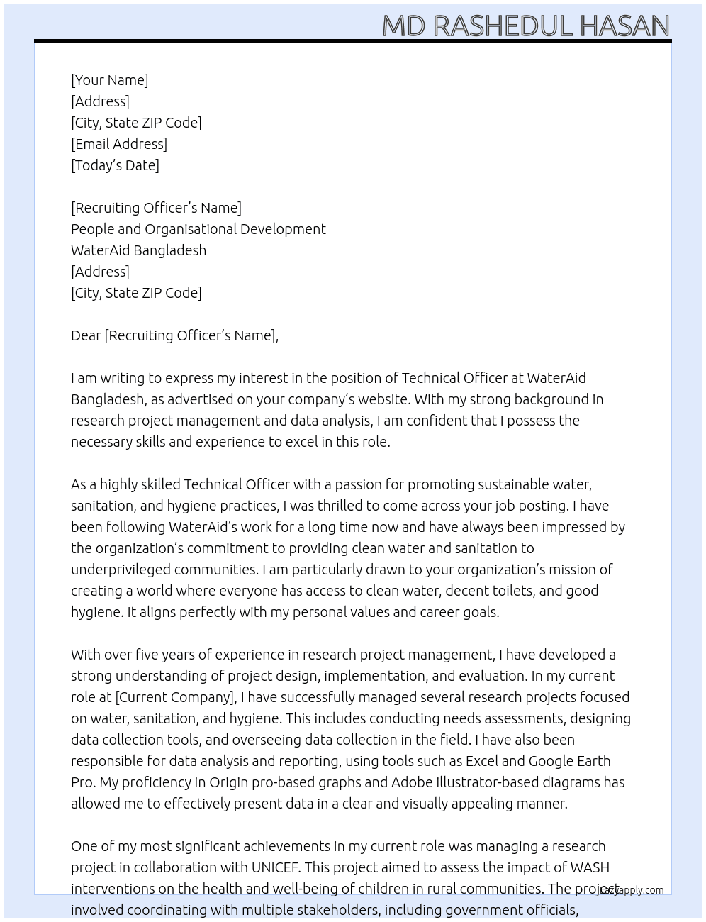 Technical Officer At People and Organisational Development, WaterAid Bangladesh Cover Letter