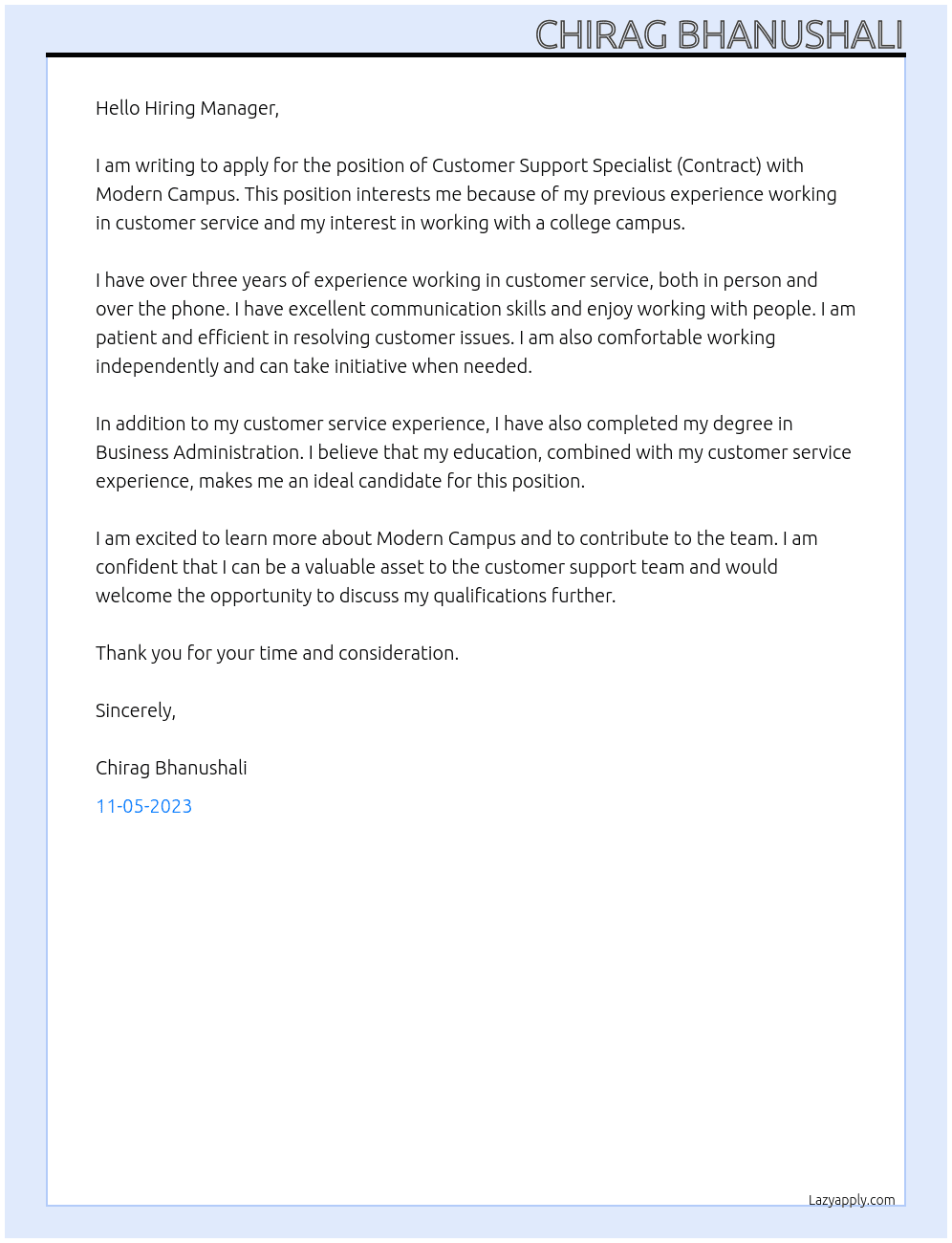 Customer Support Specialist (Contract) At Modern Campus Cover Letter