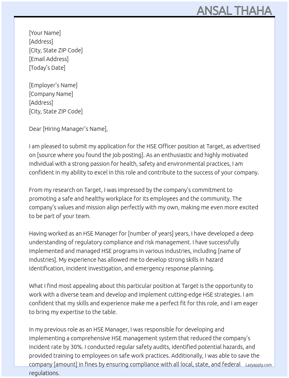 HSE officer  At Target Cover Letter
