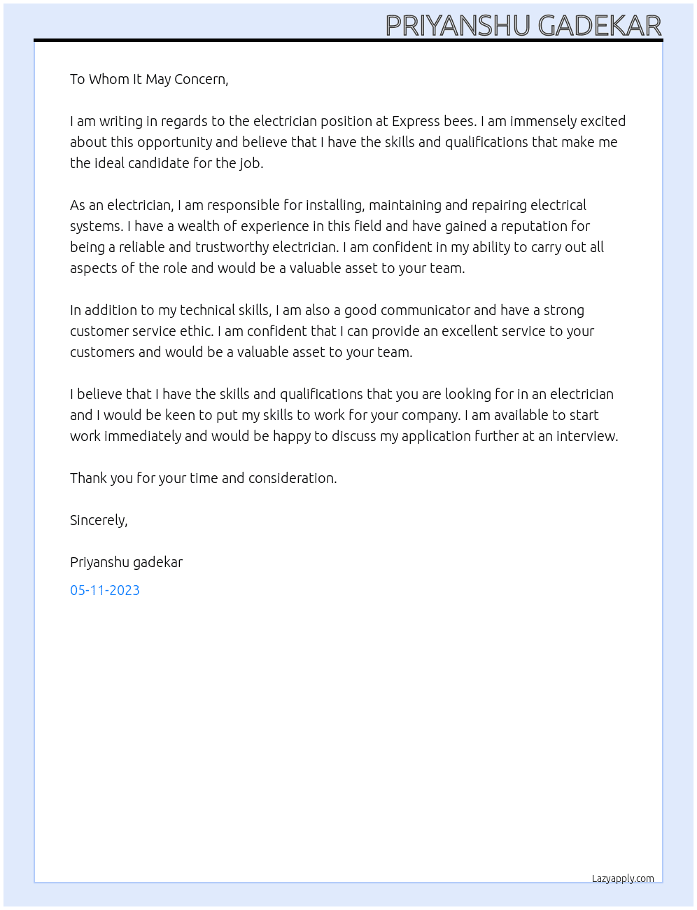 Electrician At Express bees Cover Letter