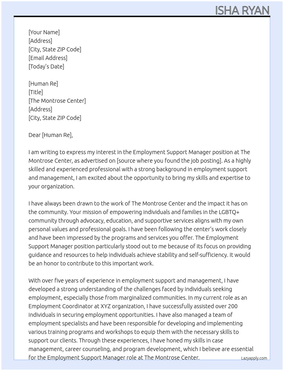 Employment Support Manager At The Montrose Center Cover Letter