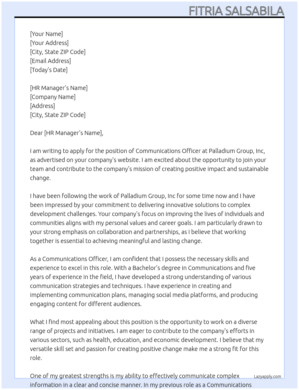 Communications Officer At Palladium Group, Inc Cover Letter
