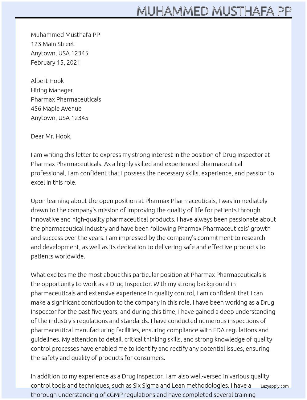 Drug inspector  At Pharmax pharmaceuticals  Cover Letter