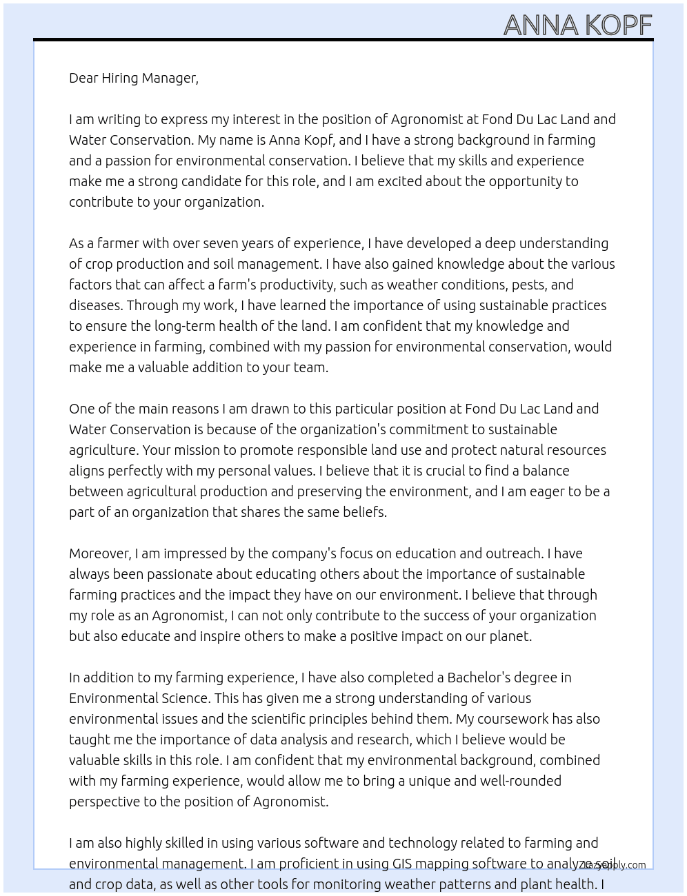 Agronomist At Fond Du Lac Land and Water Conservation Cover Letter