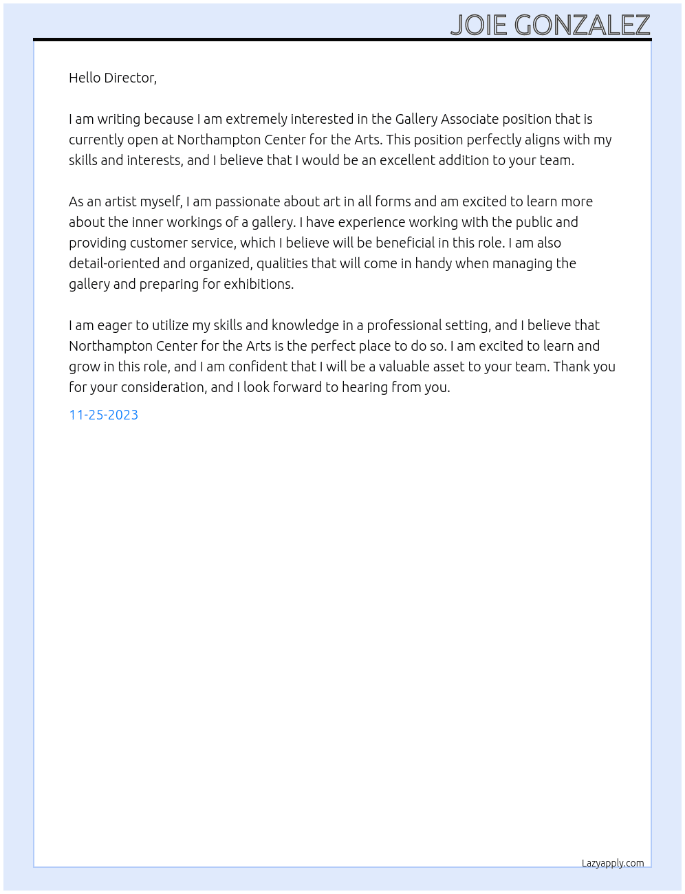 Gallery Associste At Northampton Center for the Arts Cover Letter