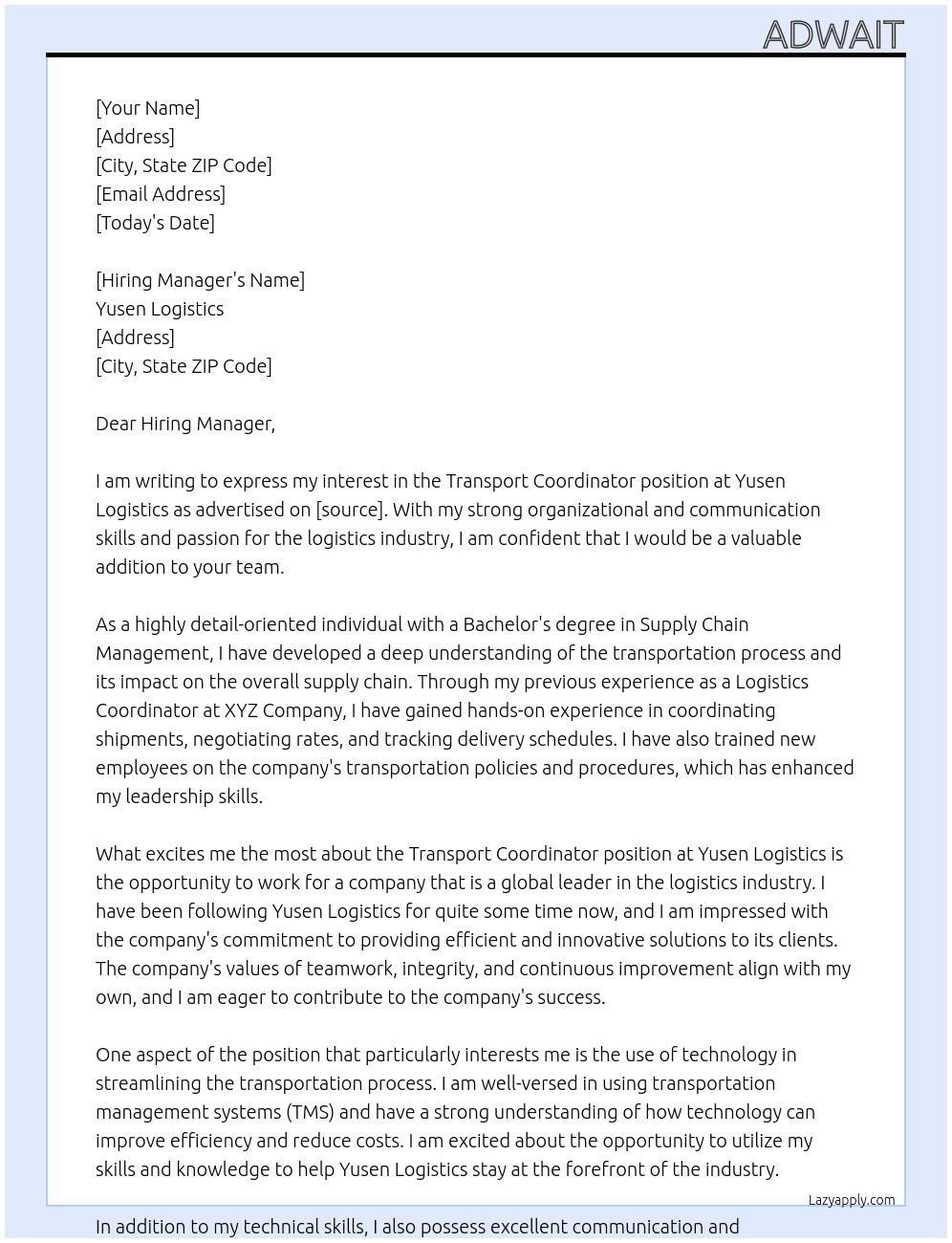 Transport Coordinator At Yusen Logistics Cover Letter