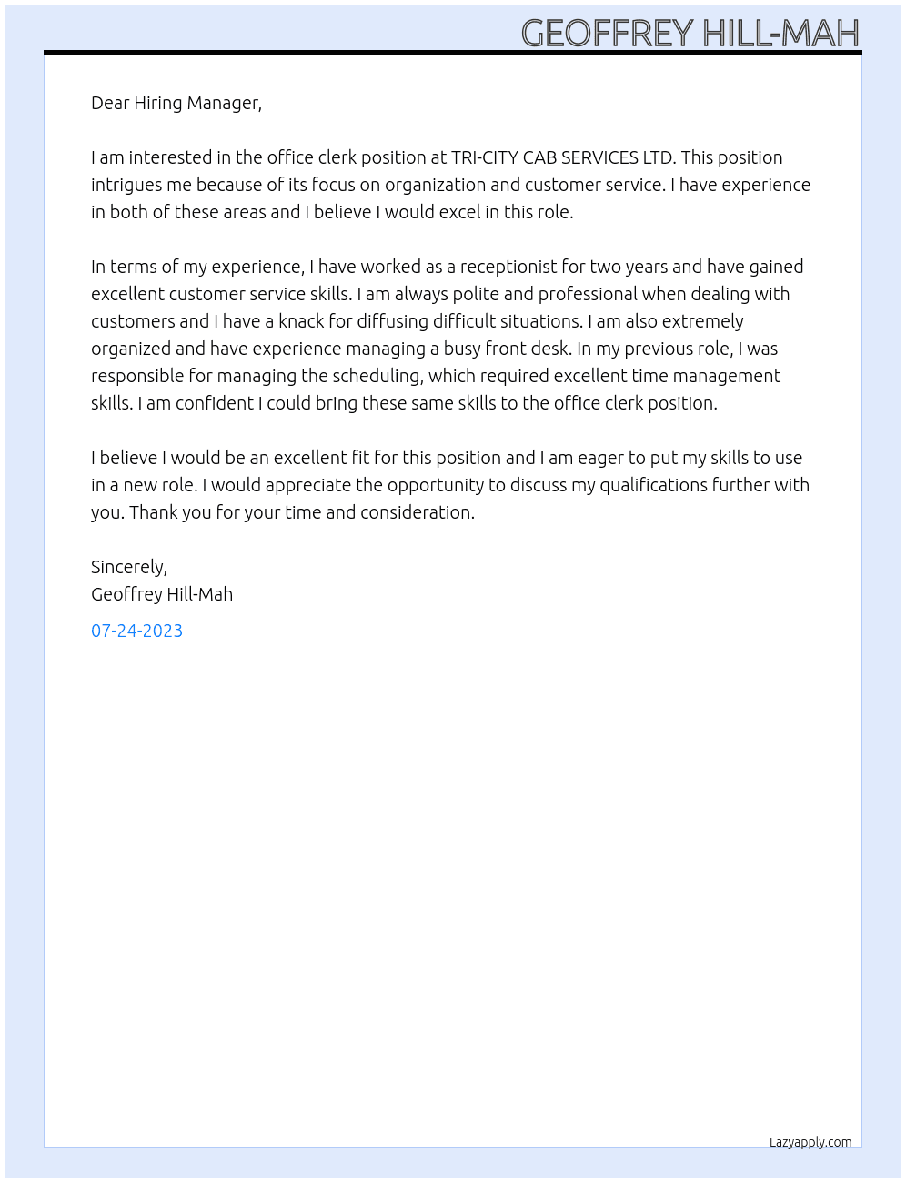 office clerk At TRI-CITY CAB SERVICES LTD  Cover Letter