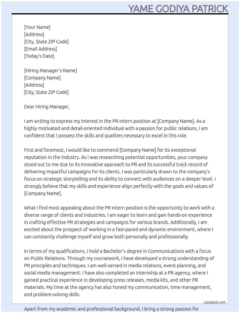 Pr Intern At Nil  Cover Letter