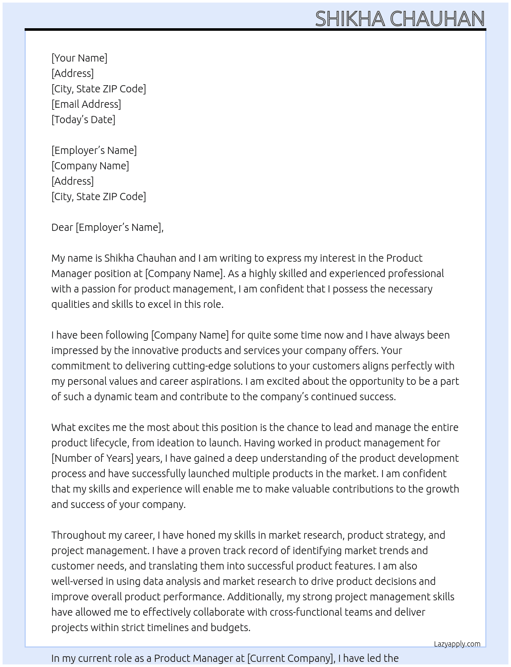 Product manager At Shikha Chauhan Cover Letter