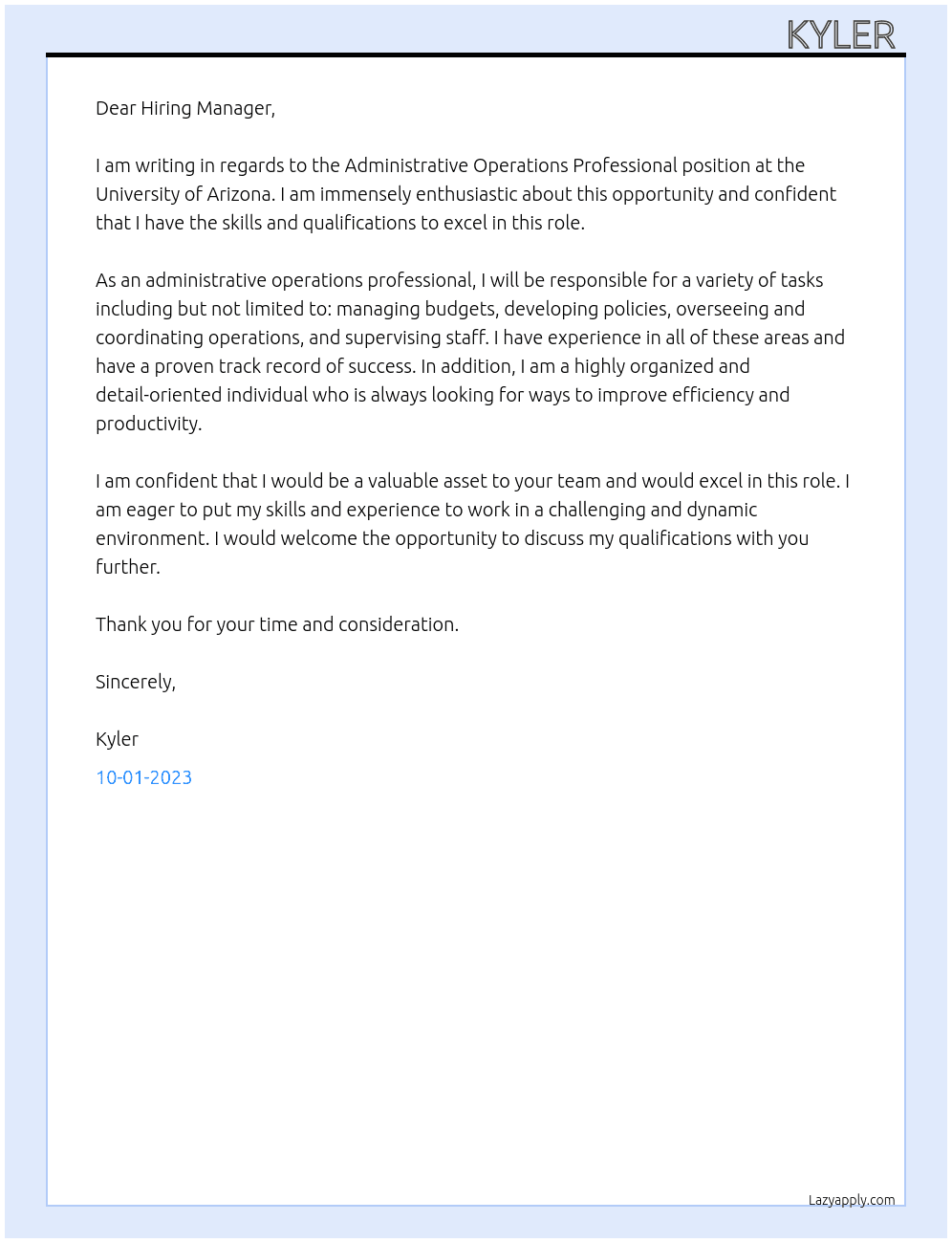 Administrative Operations Professional At University of Arizona Cover Letter