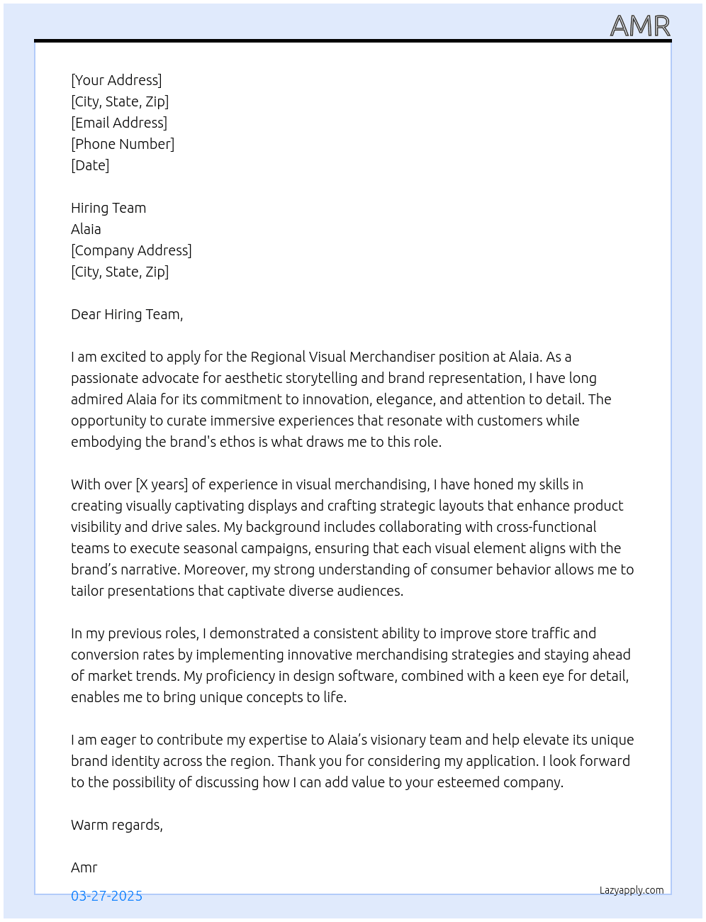 Regional visual merchandiser  At Alaia Cover Letter