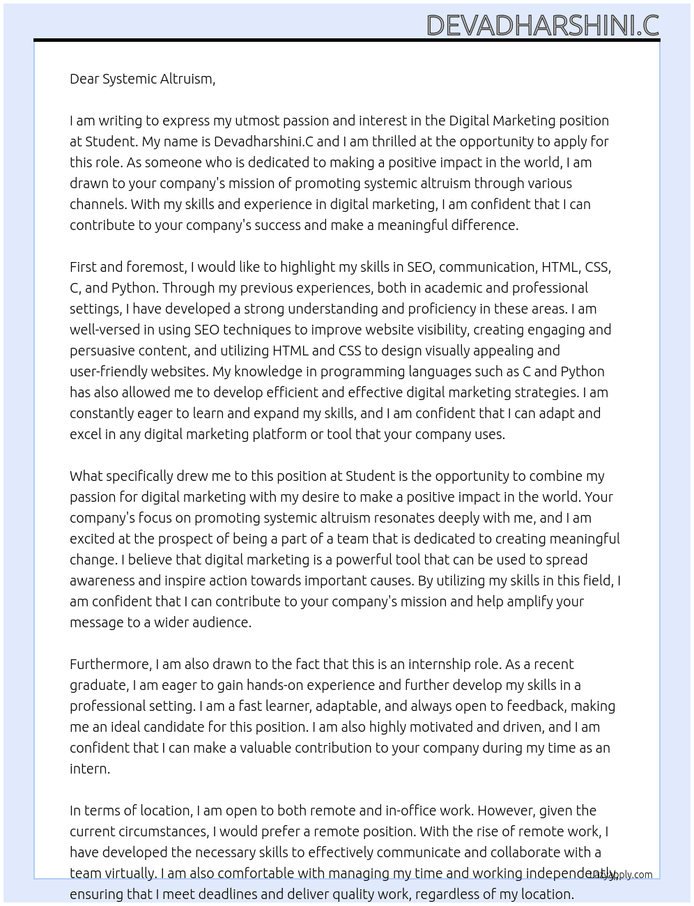 Digital marketing  At Student Cover Letter
