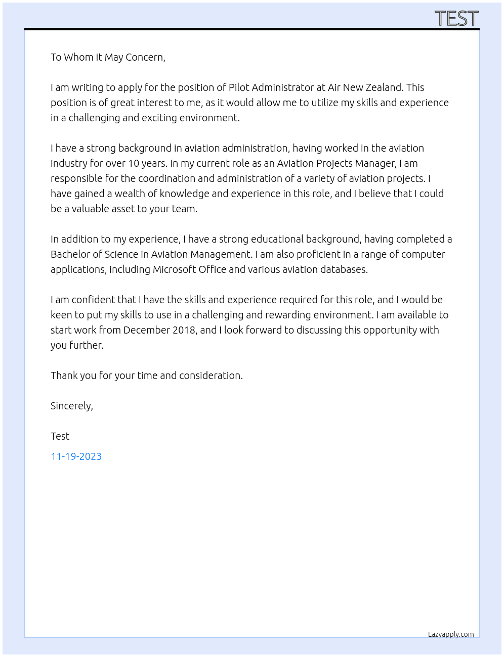 Pilot Administrator  At Air New Zealand  Cover Letter