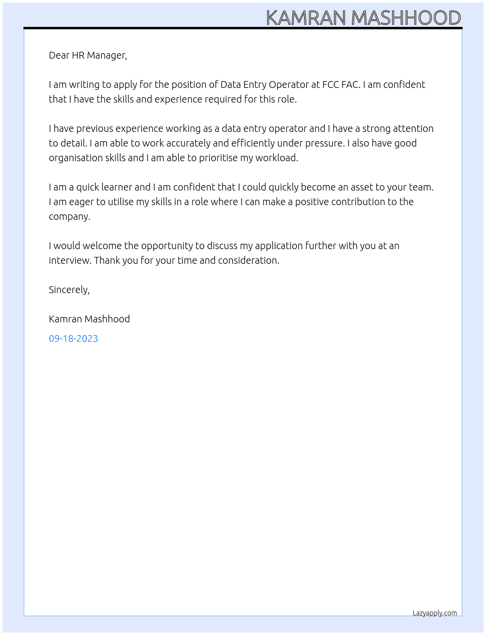 Data Entry Operator At FCC FAC Cover Letter