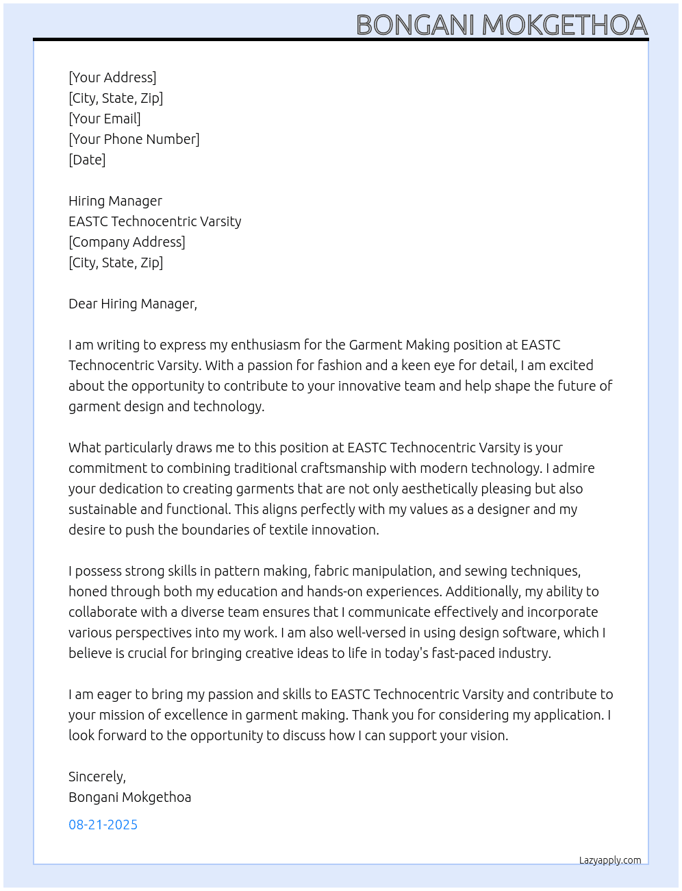 Garment Making At EASTC Technnocentric varsity Cover Letter