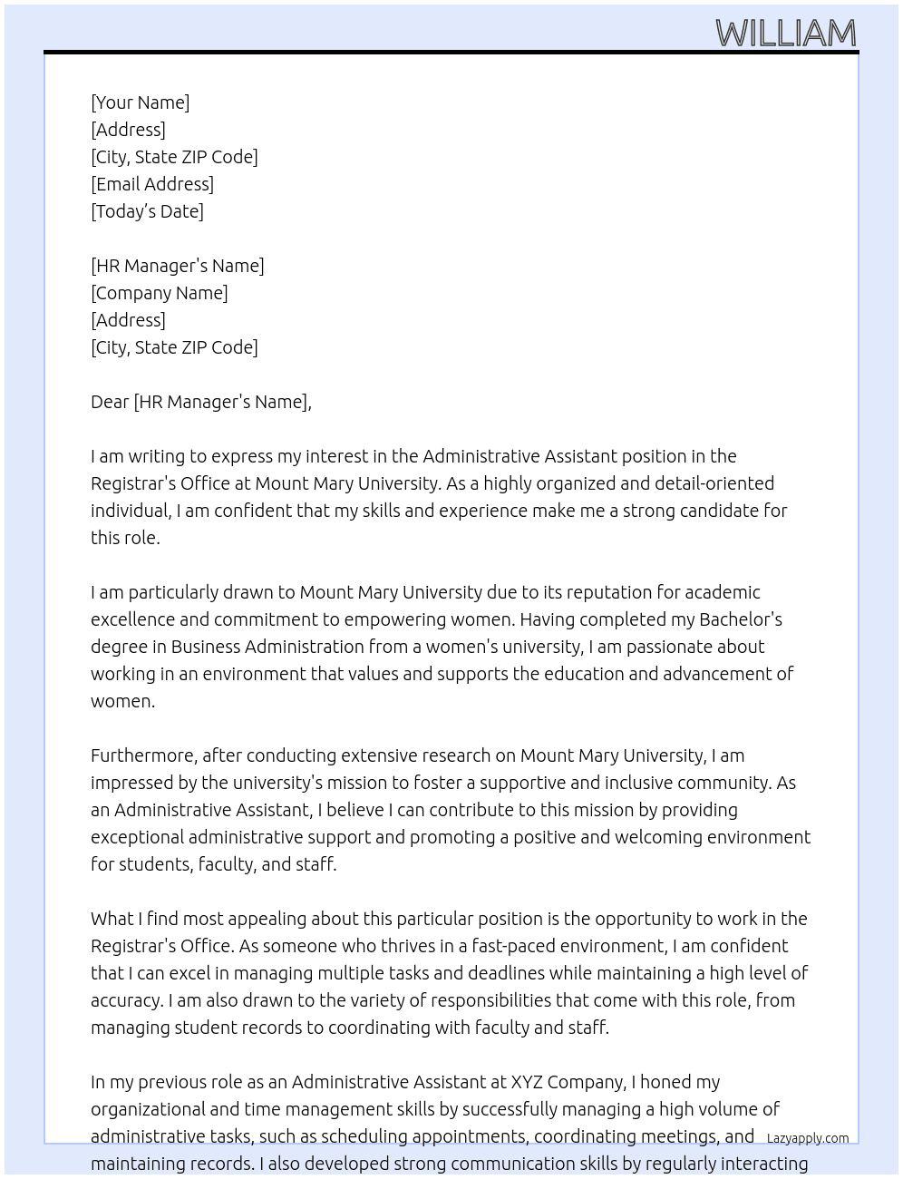Administrative Assistant - Registrar's Office At Mount Mary University Cover Letter