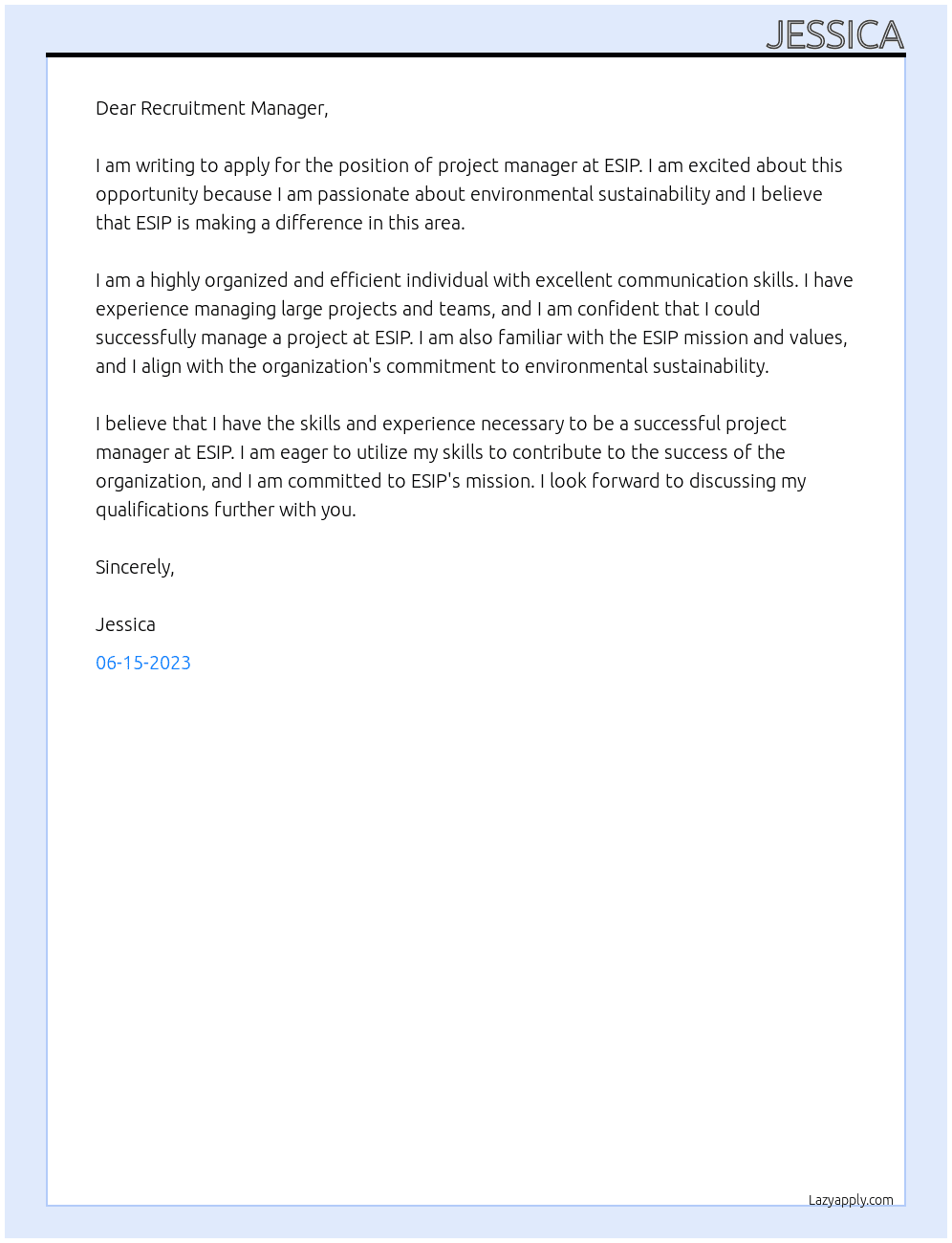 project manager At ESIP Cover Letter