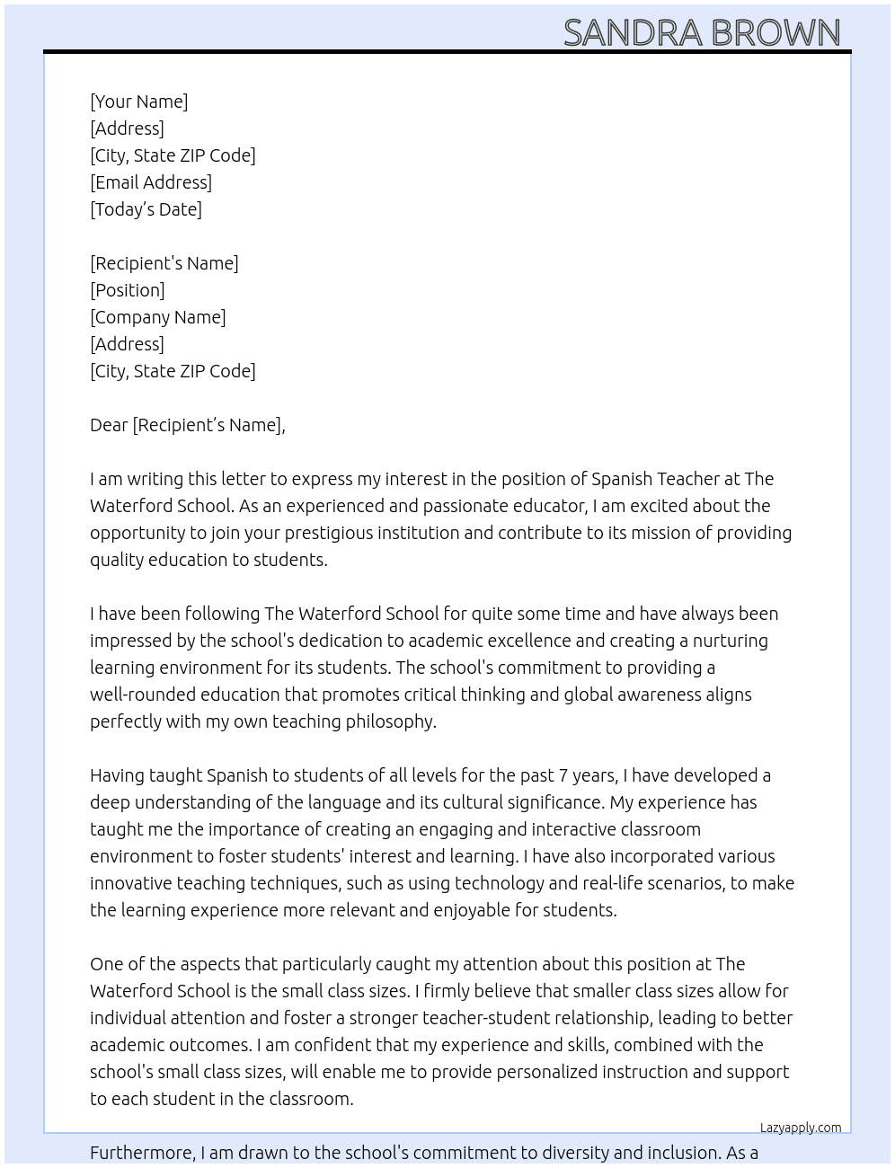Spanish Teacher At The Waterford School Cover Letter