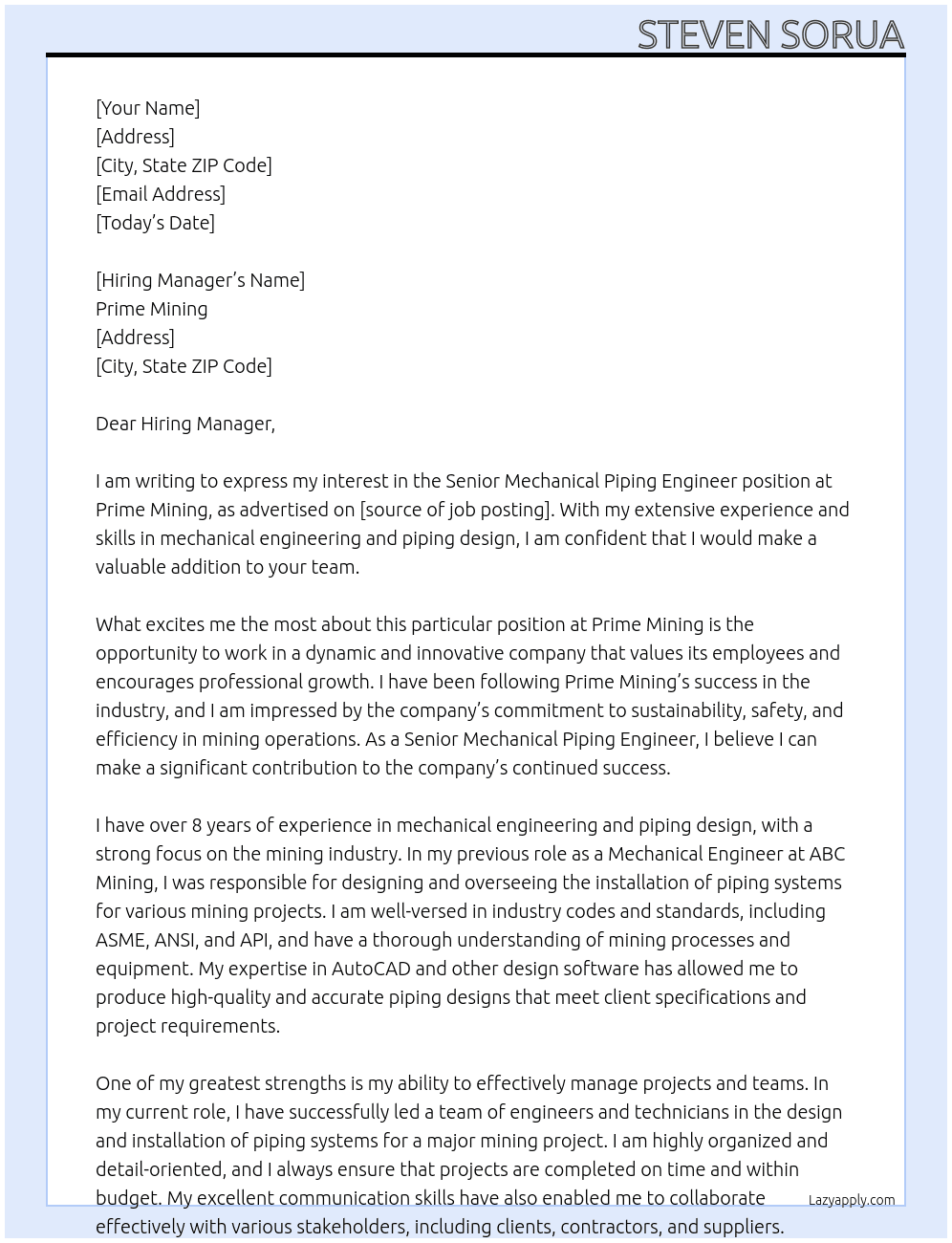 Senior Mechanical Piping Engineer At Prime Mining Cover Letter