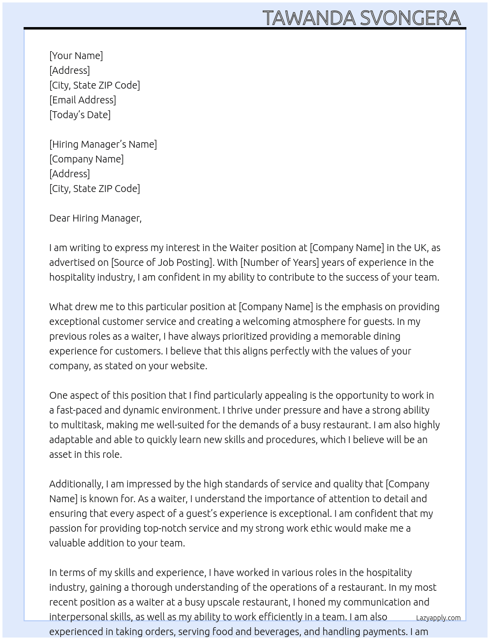 Waiter  At Uk Cover Letter