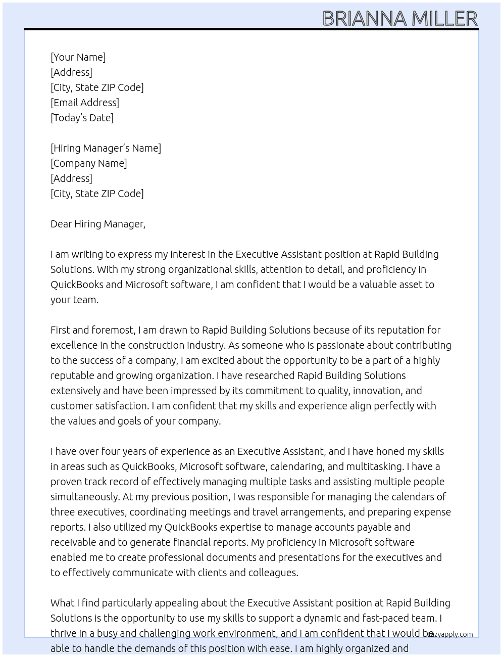 Executive Assistant At Rapid Building Solitions Cover Letter