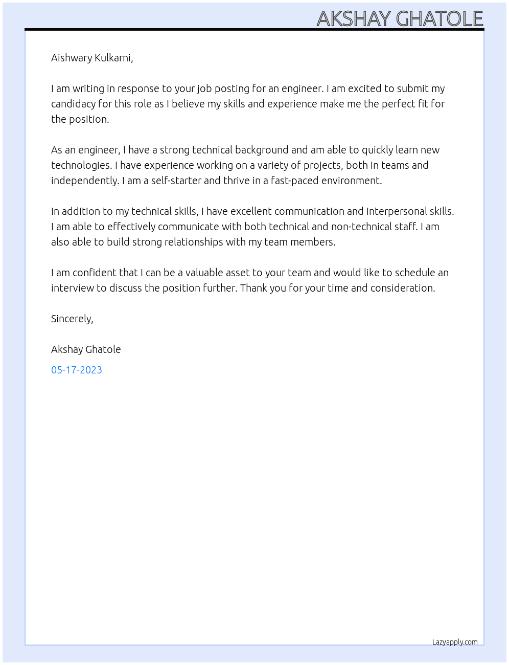Engineer At Wipro Pari Cover Letter