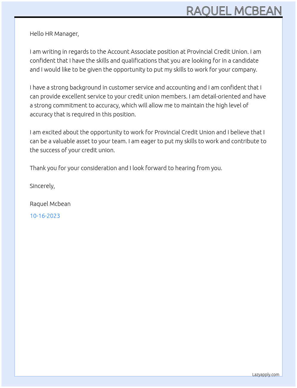Account Associate At Provincial Credit Union Cover Letter