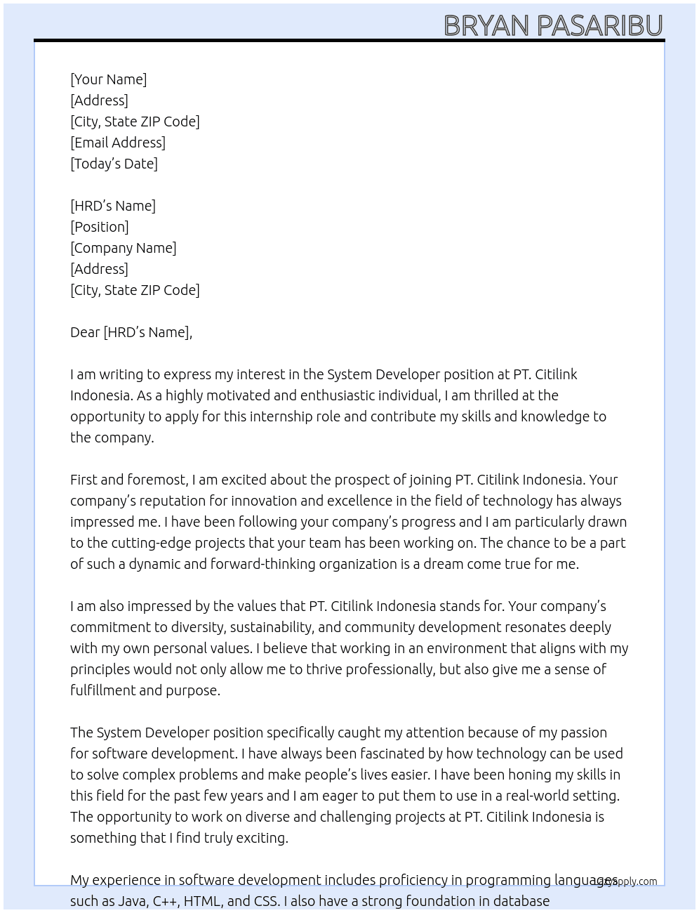 System Developer At PT. Citilink Indonesia Cover Letter