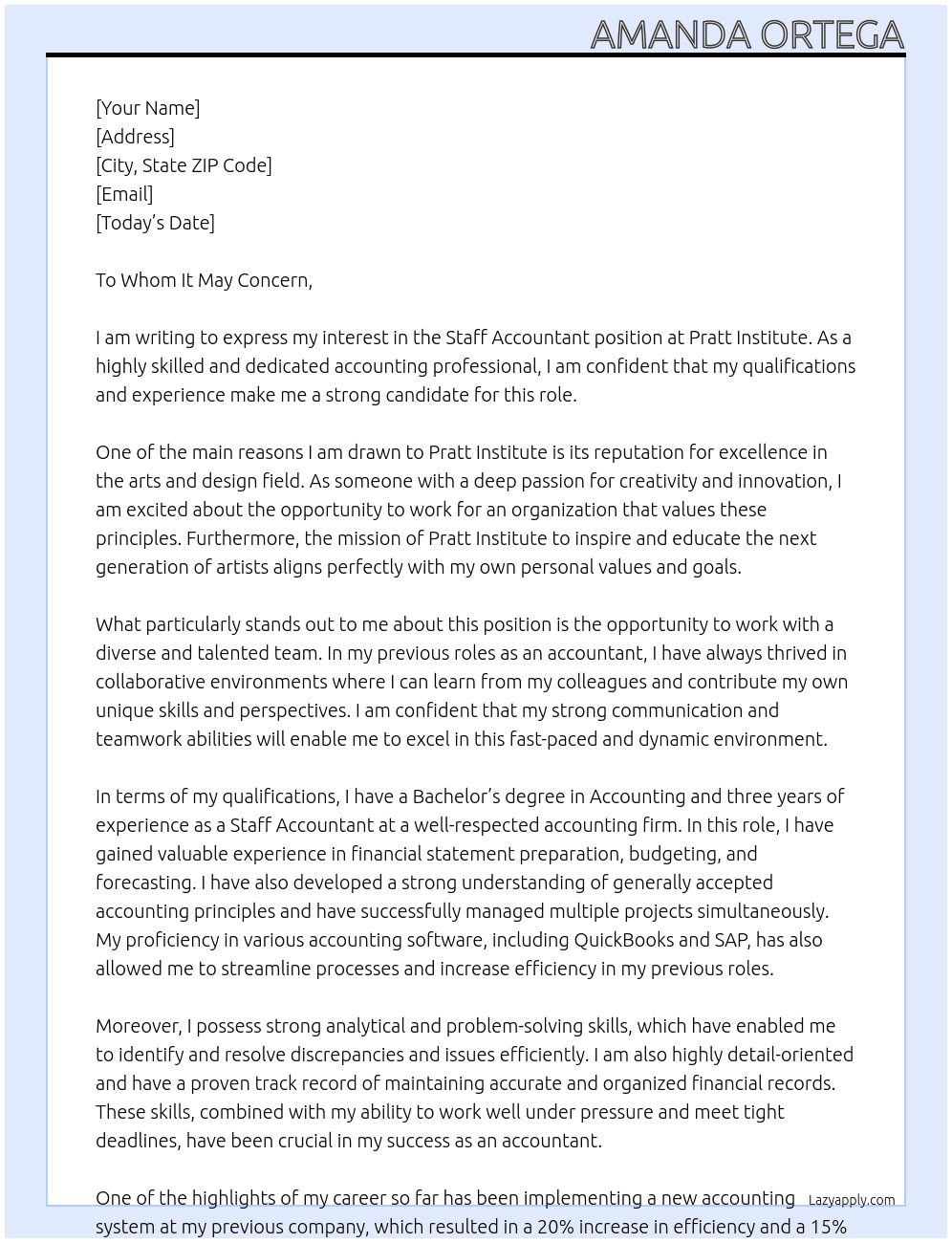 Staff Accountant At Pratt Institute Cover Letter