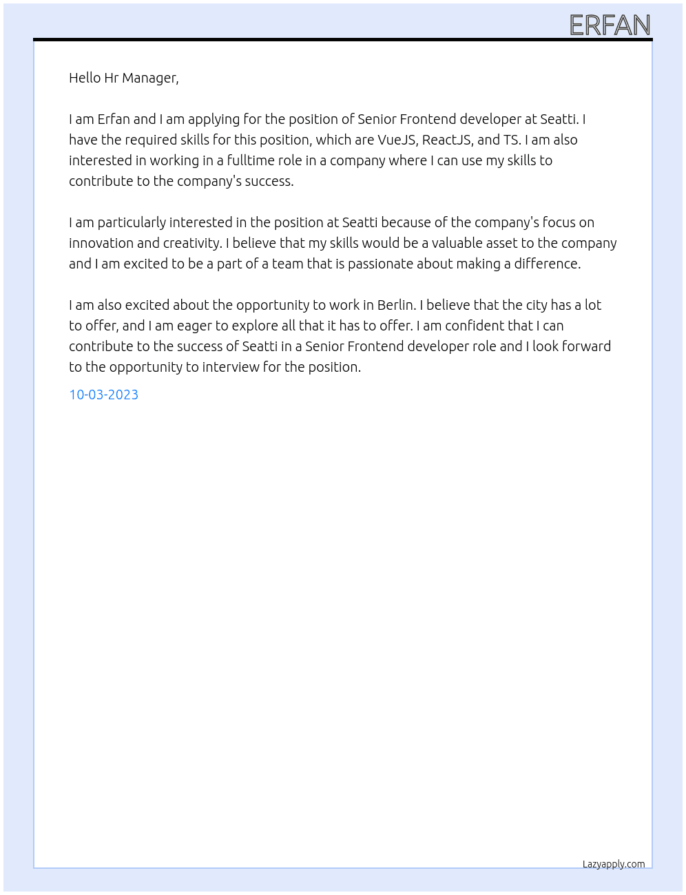 Senior Frontend developer At Seatti Cover Letter