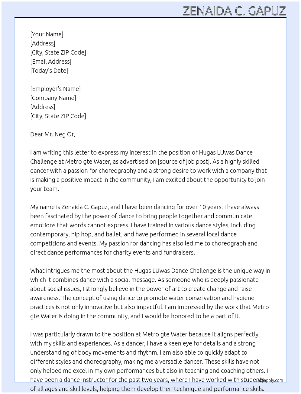 Hugas LUwas Dance Challenge At Metro gte Water Cover Letter