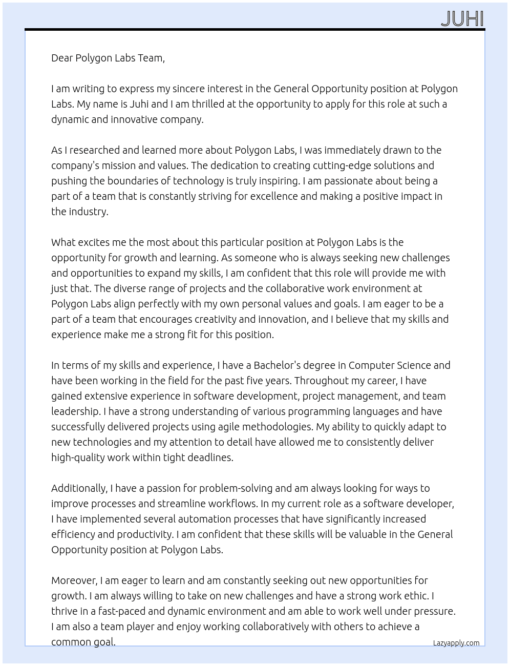 General Opportunity At Polygon labs Cover Letter