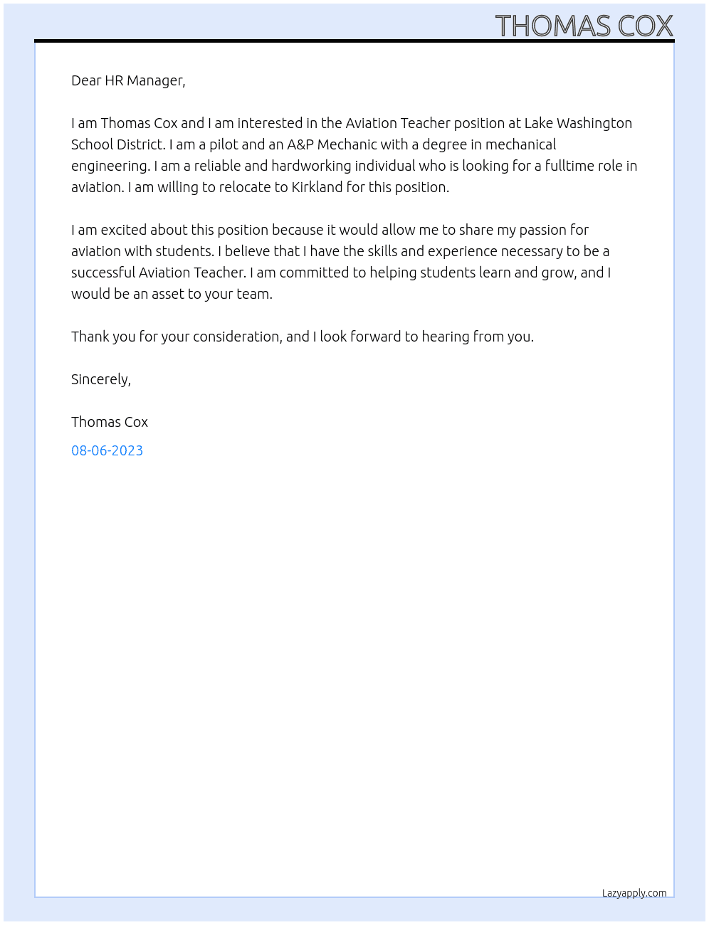 Aviation Teacher At Lake Washington School District Cover Letter