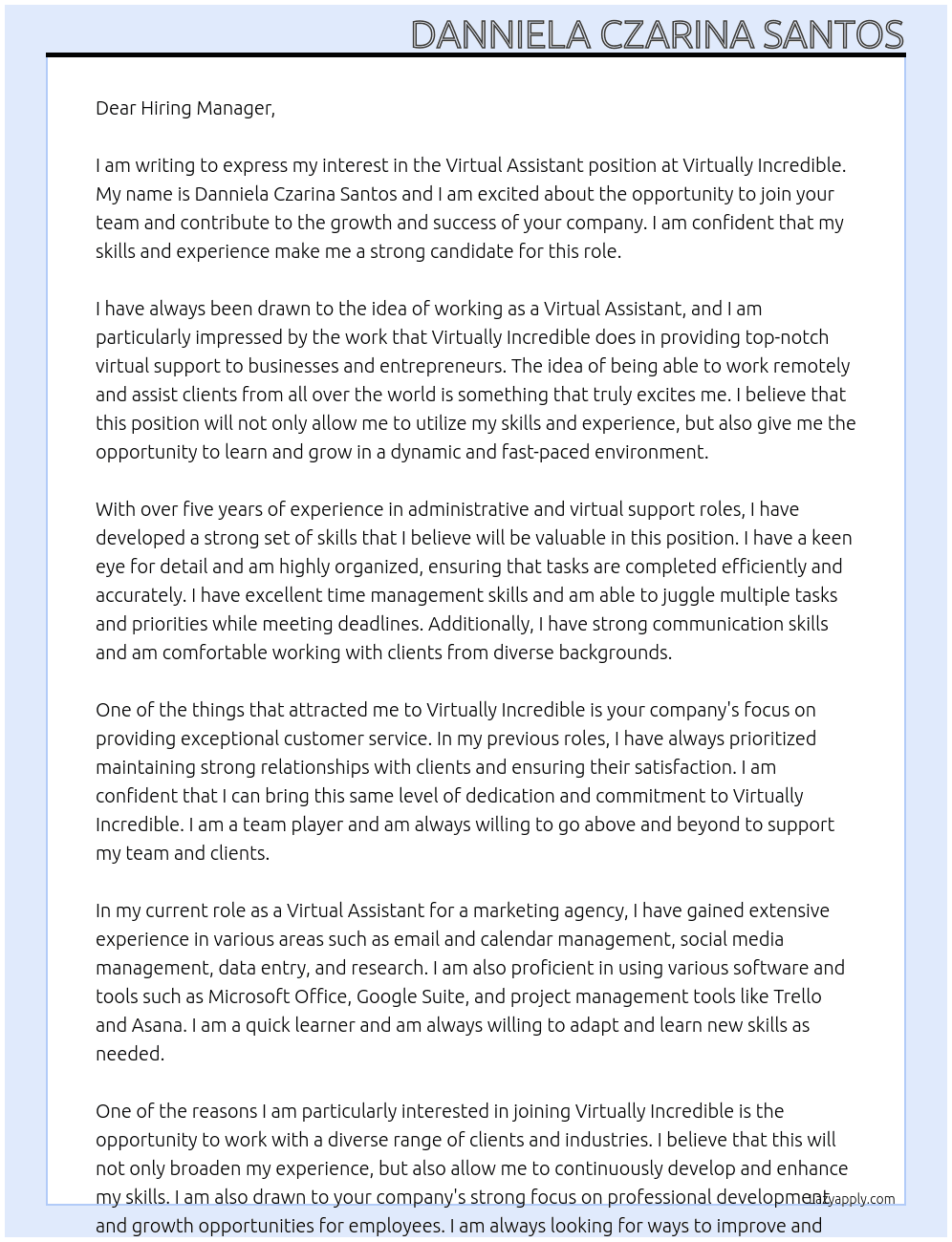 Virtual Assistant At Virtually Incredible Cover Letter
