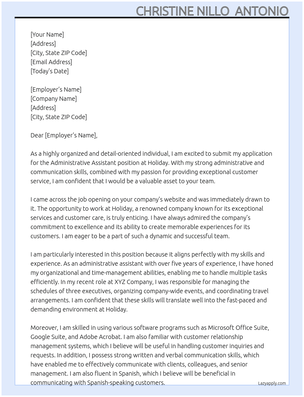 Administrative Assistant At Holiday  Cover Letter