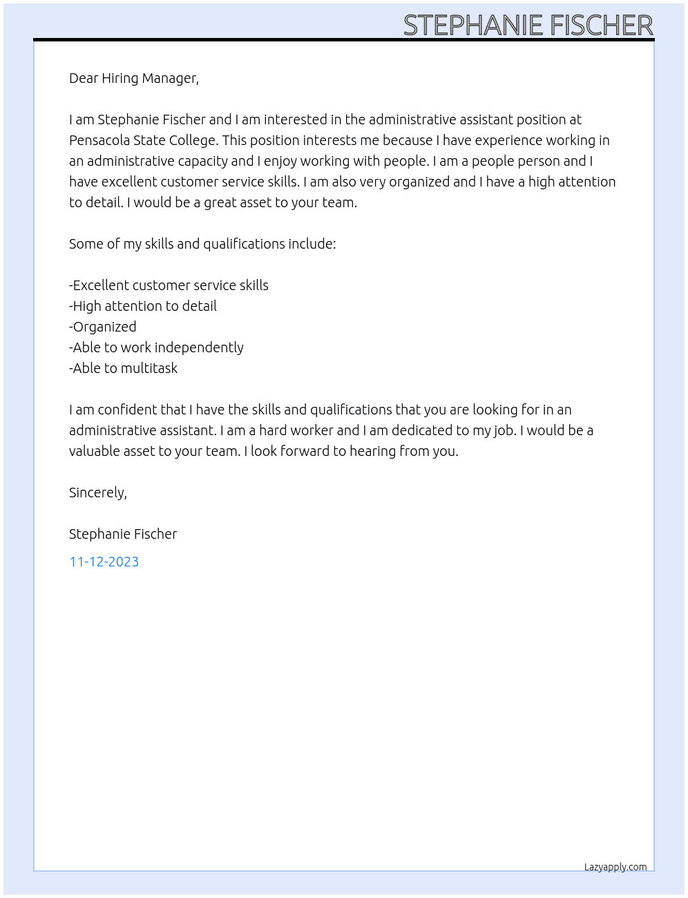Administrative assistant At Pensacola State College Cover Letter