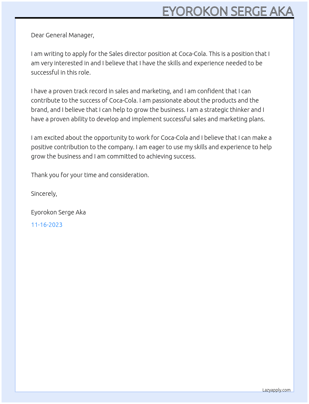 Sales director At Coca-Cola Cover Letter