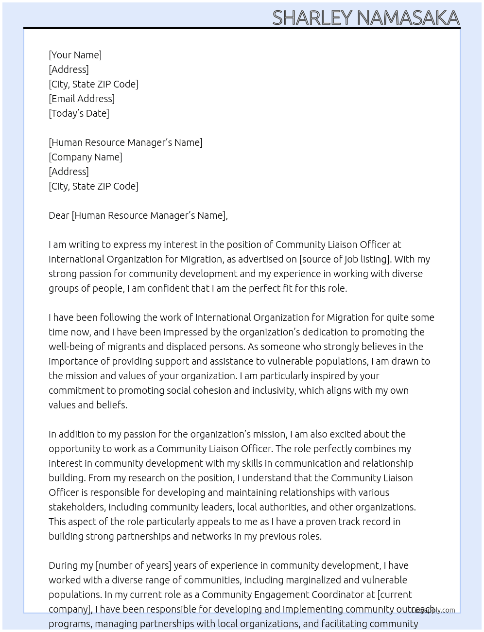 Community Liason Officer  At International Organization for Migration Cover Letter
